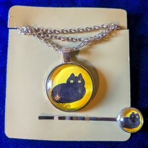Cat cabochon necklace and hair pin